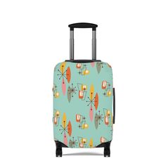 Zip through the terminal with our Boomerang Starburst Luggage Cover! Flaunting a mid-century design in teal with orange and pink accents, this cover gives your suitcase a groovy retro upgrade that's easy to spot on any luggage carousel. Protect luggage from nasty scratches and accidental swaps at the baggage carousel. These covers slide on quickly and feature multiple slits on the left side for easy access to the handles. Material: 95% polyester, 5% spandex: Constructed with an elastic polyester Retro Rectangular Travel Luggage, Retro Rectangular Cases With Luggage Sleeve, The Terminal, Groovy Retro, Luggage Cover, Orange And Pink, Pink Accents, Mid Century Design, Carousel