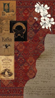 an altered collage of old books and papers with flowers in the middle, on a red background