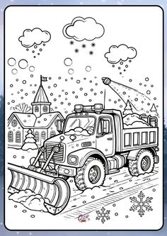 a coloring page with a snow plow and houses