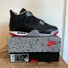 Elevate Your Sneaker Game With These Limited Edition Nike Air Jordan 4 Iv Retro Bred Reimagined Sneakers. Featuring A High-Top, Lace-Up Style And Synthetic Upper Material, These Sneakers Are Perfect For Any Occasion. The Colorblock Design In Black And Cement Will Make You Stand Out From The Crowd, While The Cushioned Sole Ensures Comfort All Day Long. These Jordans Are A Must-Have For Any Sneakerhead. Don't Miss Out On The Chance To Own A Piece Of Sneaker History. 100% Authentic. In-Hand Ready T Nike Air Jordan 4, Black Cement, Shoes Nike Air, Jordan Black, Air Jordan 4, Sneaker Games, Jordans For Men, Shoes Nike, Jordan Shoes