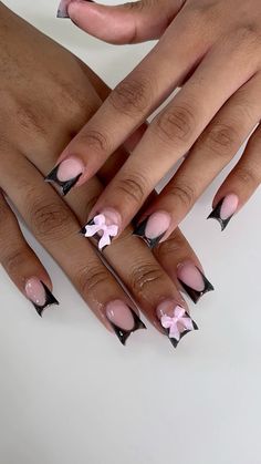 Black french tip , bow , acrylic, duck nails , nail inspo Black And French Nails, Short French Tip Acrylic Nails With Bow, Almond French Design Nails, Short Acrylic Nails Line Design, Cute Bow Nail Designs, Black French Tip Nails With Jewels, Black French Tip Black Women, Short Black Nails French Tip, Pink And Black Nail Art Designs