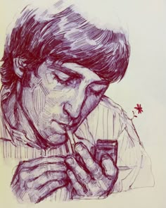 a drawing of a man holding a glass in his hand and looking down at it