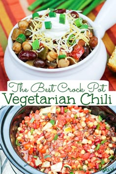 the best crock pot vegetarian chili recipe is made with beans, corn, and cheese