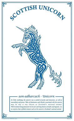 the scottish unicorn is depicted in blue and white