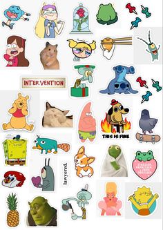 an assortment of cartoon stickers on a white background with the words inter vention