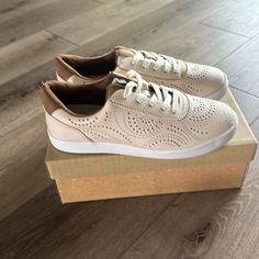 Brand New In Box! These Shoes Are So Awesome! Color: Cream Trendy Beige Sneakers With Perforated Toe Box, Trendy Cream Sneakers With Perforated Toe Box, Cream Slip-on Sneakers With Perforated Toe Box, Comfortable Beige Sneakers With Perforations, Casual Beige Sneakers With Perforations, Lace Sneakers, Sneakers For Women, Cream Color, Brand New