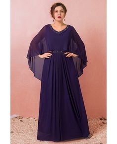 Buy Custom Elegant Purple Formal Long Chiffon Evening Dress Beaded Neck with Cape Sleeves High Quality at wholesale price online. Free shipping and pro custom service since 2009. Hijabi Formal, Long Chiffon Evening Dress, Purple Chiffon Dress, Evening Dress Beaded, Long Dress Plus Size, V Neck Prom Dresses, Plus Size Prom, Chiffon Evening Dresses, Beaded Chiffon