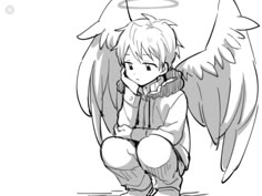 an anime character kneeling down with wings on his chest and blood running across the floor