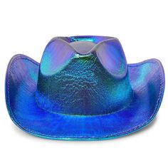 Add this cute youth cowboy hat to your costume accessories for a Halloween party, rodeo, festival, cowboy-themed birthday party, or performance. The metallic cowboy hat is ideal to show off your style while line dancing or bull riding. The comfortable and lightweight non-woven EVA material will be sure to block out the sun while the blue and green holographic colors will add a touch of flare. Pair this hat with your favorite dress, cowboy boots, denim, and more! The cowboy hat measures 14.5 x 11 Adjustable Costume Accessories For Summer Festival, Western Hats For Halloween And Western-themed Events, Novelty Wide Brim Costume Hats And Headpieces For Festivals, Western Style Hats For Halloween And Western-themed Events, Western Costume Hat For Halloween, Novelty Wide Brim Costume Hat For Festivals, Western Curved Brim Costume Hat For Parties, Novelty Adjustable Top Hat For Festivals, Western Style Halloween Costume Hats With Curved Brim