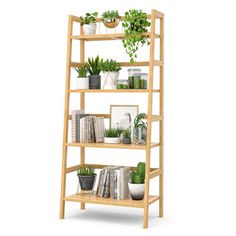 a wooden shelf filled with potted plants