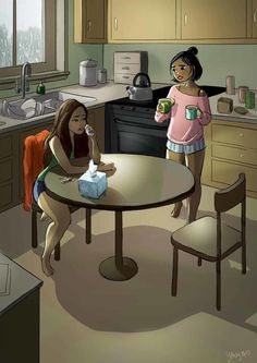 two women sitting at a table in a kitchen talking to each other and drinking coffee