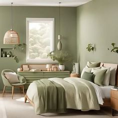 a bedroom with green walls and furniture