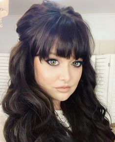 Sixties Half Up Hair, 1960s Half Up Half Down Hair, Old Hollywood Hairstyles With Bangs, Half Up Beehive Hair, Long Hair With Bangs Wedding Hairstyles, Half Up Do With Bangs, Bouffant Half Up Half Down, 60s Half Up Half Down Hair, Bangs Half Up Half Down