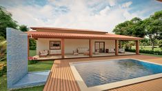 a house with a pool in the middle of it and an open patio area next to it