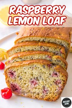 raspberry lemon loaf on a white plate with the words raspberry lemon loaf