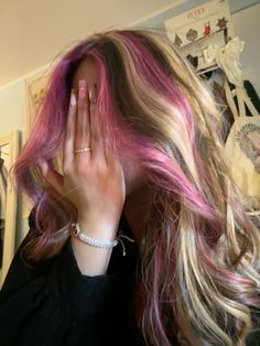 Subtle Pink Streaks In Hair, Hair Color Ideas For Brunettes Color, Pink And Brown Highlights In Black Hair, Brown Hair Pink And Blonde Highlights, Good Highlight Colors For Brown Hair, Brunettes With Pink Highlights, Different Dyed Hair Colors, Skunk Hair On Blonde, Highlight Tips Of Hair