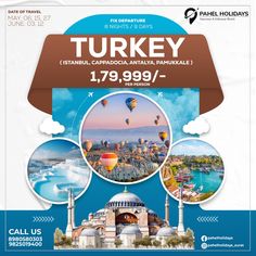 an advertisement for turkey with pictures of the city and hot air balloons in the sky