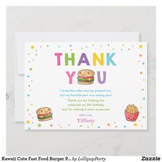 a thank card with an image of hamburgers and fries