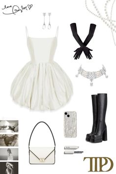 a white dress and black boots with accessories