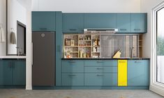 a kitchen with blue cabinets and yellow accents