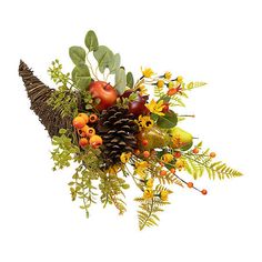 an arrangement of flowers and fruit is displayed on a white background with pine cones, berries, leaves, and acorns