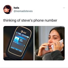 a woman talking on a cell phone next to an image of a person holding a smart phone