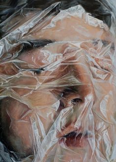 a painting of a man covered in plastic wraps with his face partially obscured by the plastic covering him