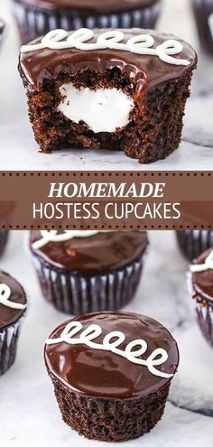 chocolate cupcakes with white frosting and the words homemade hostess cupcakes