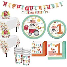 a birthday party set up with farm animals