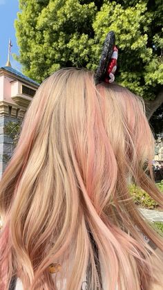 blonde and pink highlights hair at home Blond Hair Pink Tips, Long Blonde And Pink Hair, Blonde And Pink Underneath Hair, Strawberry Blonde Pink Highlights, Blond And Pink Highlights, Light Pink Streaks In Blonde Hair, Blonde And Pink Hair Peekaboo