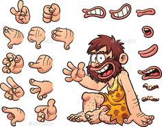 cartoon caveman with various gestures and facial expressions on white background stock photo - 9579