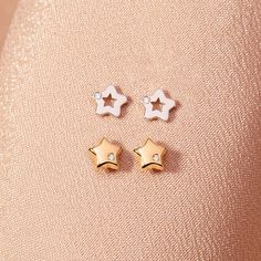 Simple and adorable pair of star earrings that sure to become your most favorite jewelry set when dressing your little star. Beautifully crafted entirely in genuine 14k yellow gold with a diamond accent. This pair of star earrings is suitable for your little ones with sensitive ears. The screw backs assure they won't fall off and will fit comfortably on your child's earlobe. Order a pair of these shiny star earrings for girls today and we'll include a lovely little gift box. Age Group: Elegant f Rose Gold Star Earrings For Anniversary, Rose Gold Earrings With Star Charm As A Gift, Rose Gold Star Charm Earrings, Rose Gold Star Earrings For Gift, Rose Gold Star Earrings With Star Charm, Rose Gold Star-shaped Earrings With Star Charm, Rose Gold Star-shaped Dainty Earrings, Dainty Star-shaped Rose Gold Earrings, Dainty Rose Gold Star Earrings