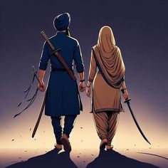 two people walking down a hill holding swords