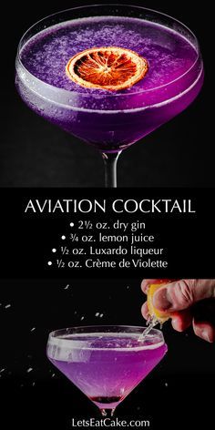 a purple cocktail with an orange slice on the rim in front of it and text that reads aviation cocktail