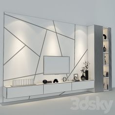 a modern living room with white walls and shelves