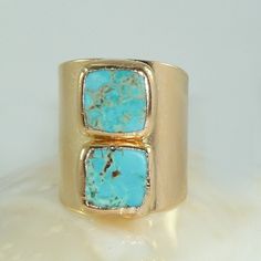 Turquoise Gold Ring, Gift For Her Rings, Statement Ring, gold, Turquoise, Gemstone Ring,  December  Birthstone, Turquoise Ring, Adjustable Ring, Turquoise Jewelry By Inbal Mishan. Beautiful and unique Turquoise ring. Two square gemstones soldered over a wide band ring. Simple... with a great statement look! It is a perfect accessory for an everyday look or a dressy outfit.    ♣ That listing is for one double turquoise ring.    ♣ Gemstone - Turquoise. ♣ Both stones size - 0.9 inches (2cm) ♣ Metal Raw Turquoise Ring, Large Turquoise Ring, December Birthstone Ring, Trinity Ring, Turquoise Gold Ring, Raw Gemstone Ring, Raw Stone Ring, Turquoise Jewelry Native American, Ring Turquoise