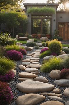 a stone path in front of a house