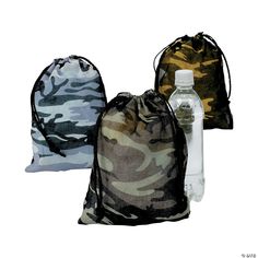 three drawsacks with bottles in them and one bag filled with the same items