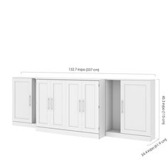 a white cabinet with three doors and two drawers on each side, measurements for the width