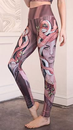 Left side view of the model wearing full length athleisure leggings with a mauve color medusa head and red, white, and black snakes Romantic Colors Palette, Triathlon Gear, Gym Tights, Athleisure Leggings, Eagle Rock, Reversible Top, Female Founders, Legging Fits, Compression Fabric