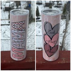 two pictures of the same tumbler with hearts on it, one is pink and the other is gray