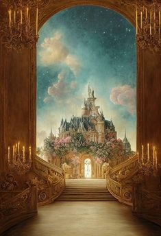 a painting of a castle with stairs leading up to it and flowers on the balcony