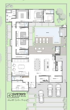 the floor plan for a house with two car garages and an attached swimming pool