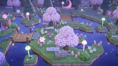 an animated garden with lots of flowers and lights on the ground next to a pond