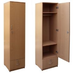 two wooden cupboards side by side with one open and the other closed, on white background