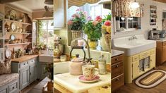 two pictures side by side, one has flowers in vases and the other has kitchen furniture