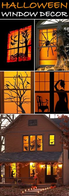 the silhouettes of two people in front of a house at night, and an image of a tree outside