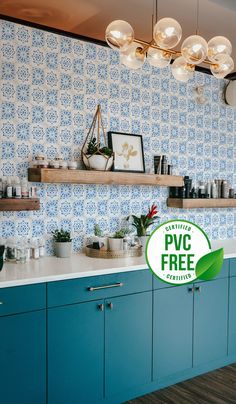 a kitchen with blue cabinets and shelves filled with plants