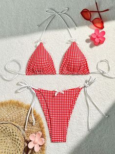 Sunset Charm Plaid Bikini With Bows – Sunset and Swim Beachwear For Women