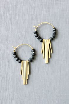 18k Gold plated brass hoop earrings with glass and brass. Each earring weighs .11 oz. and measures 1.75 inches in length from top to bottom. Black Beaded Earrings, Brass Hoop Earrings, Brass Hoops, Mini Hoop Earrings, Black And Brass, Multi Strand Necklace, Gift Card Sale, Satin Brass, Multi Strand